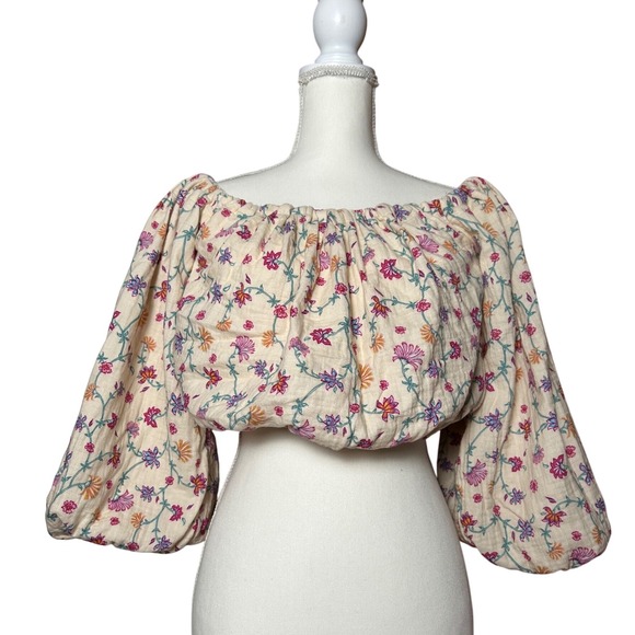 Future Collective Jenny Lopez Floral Crop Top Balloon Puff Sleeve Off Shoulder - Picture 1 of 6